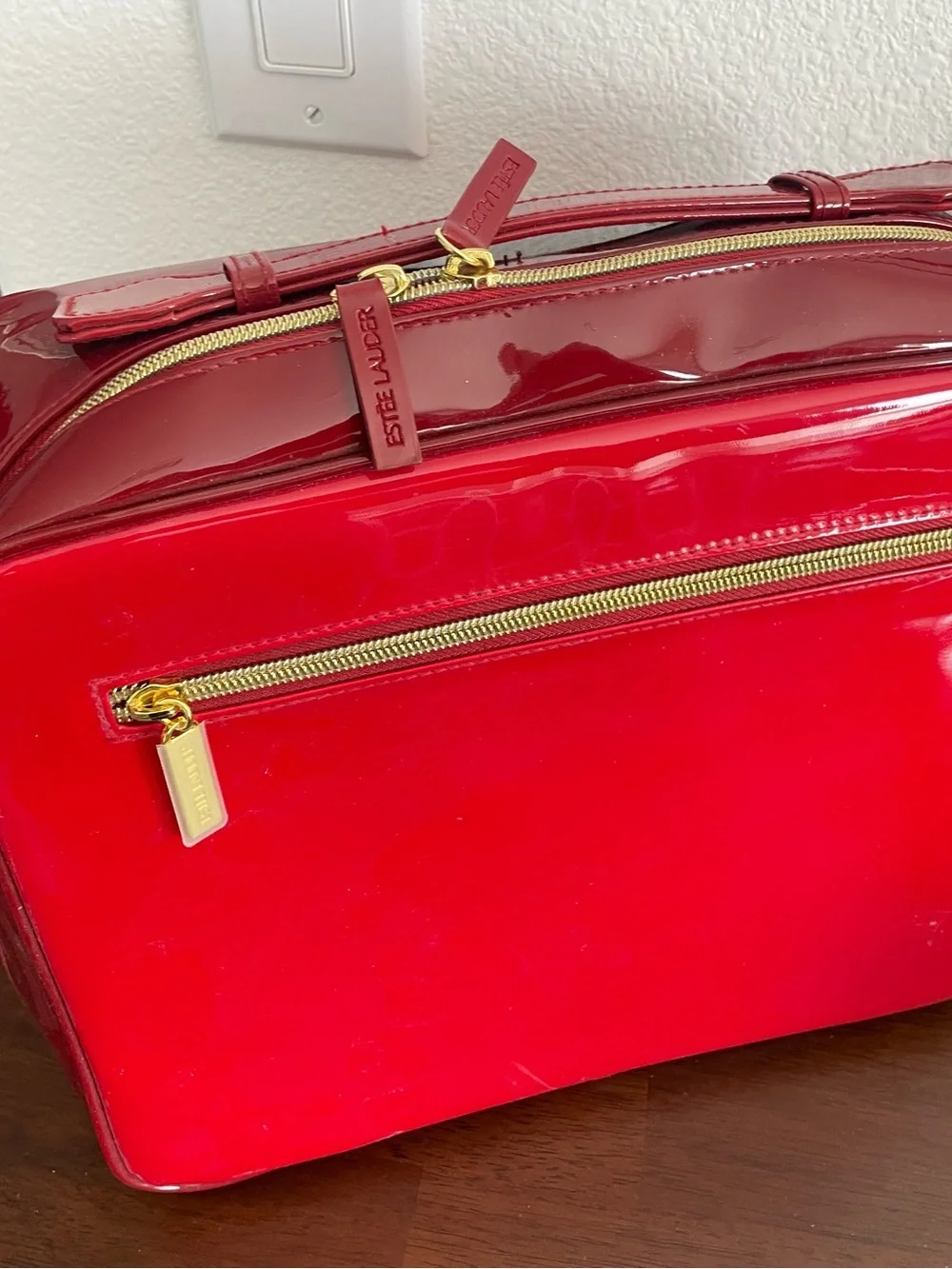 Estee Lauder Glossy Red Patent Cosmetic Case with Gold Accents